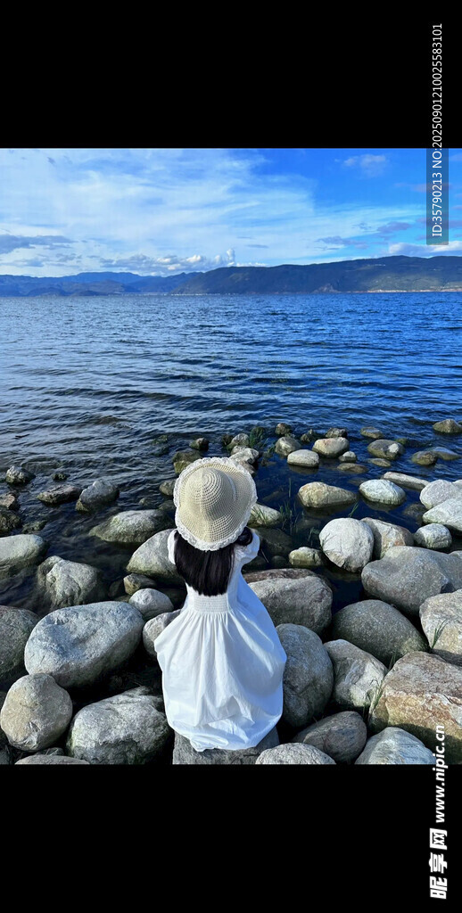 海邊白裙女孩獨坐賞景