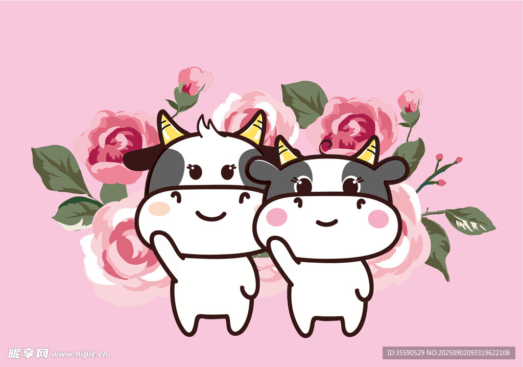 可愛(ài)奶牛情侶卡通插畫