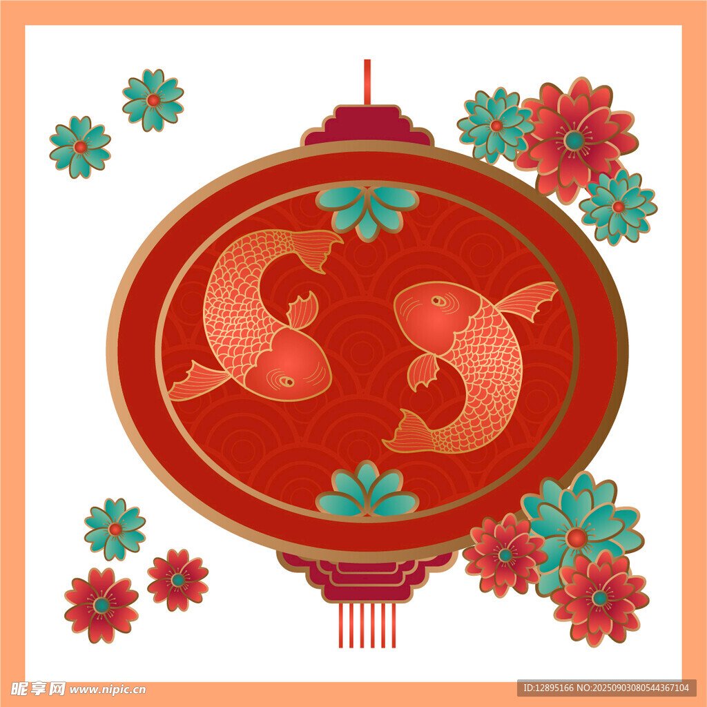 中式紅燈籠與雙魚裝飾圖案