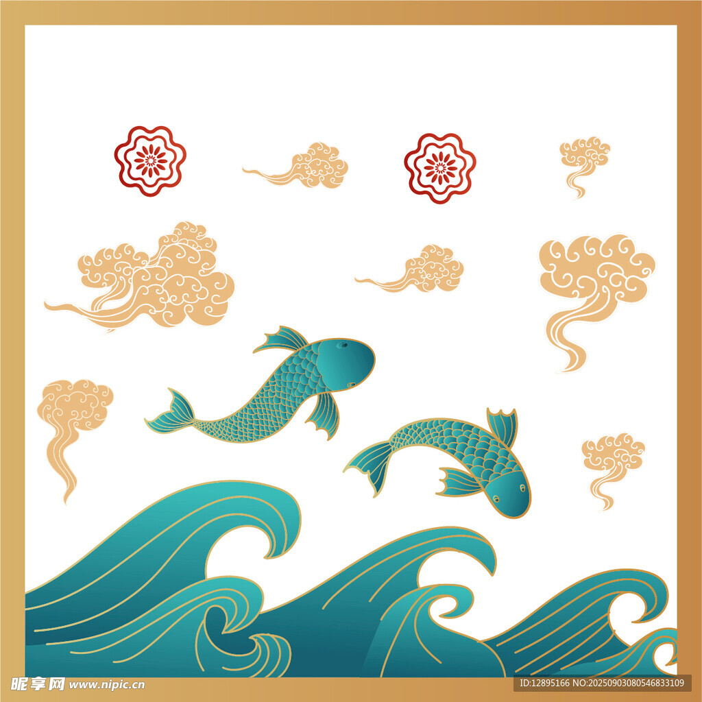 中式海浪海豚祥云裝飾圖