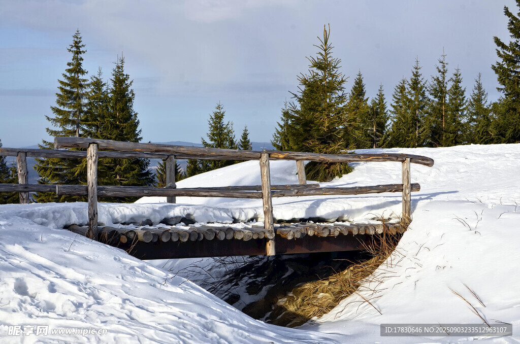 冬日雪覆木橋風(fēng)景