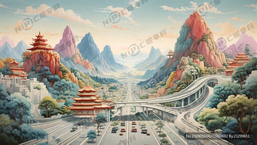 高速公路彩色手繪風(fēng)景