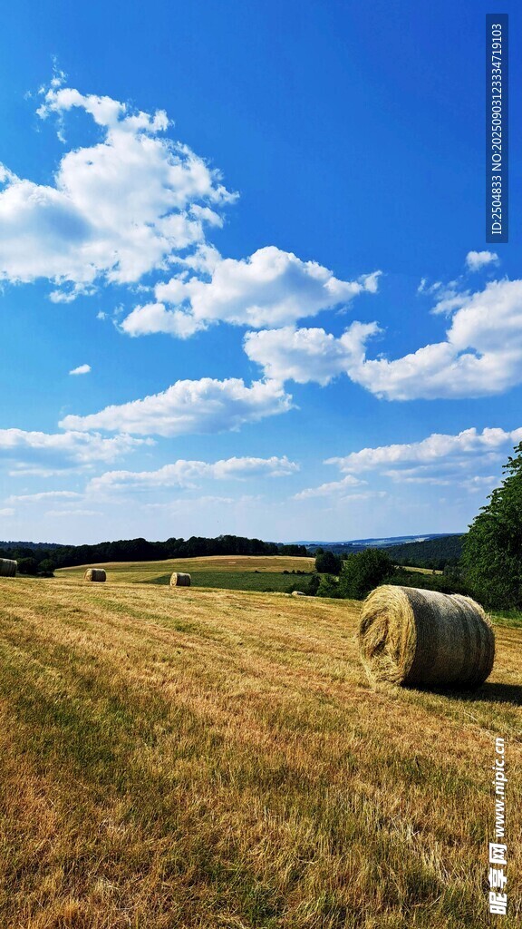 田野麥垛與藍天白云美景