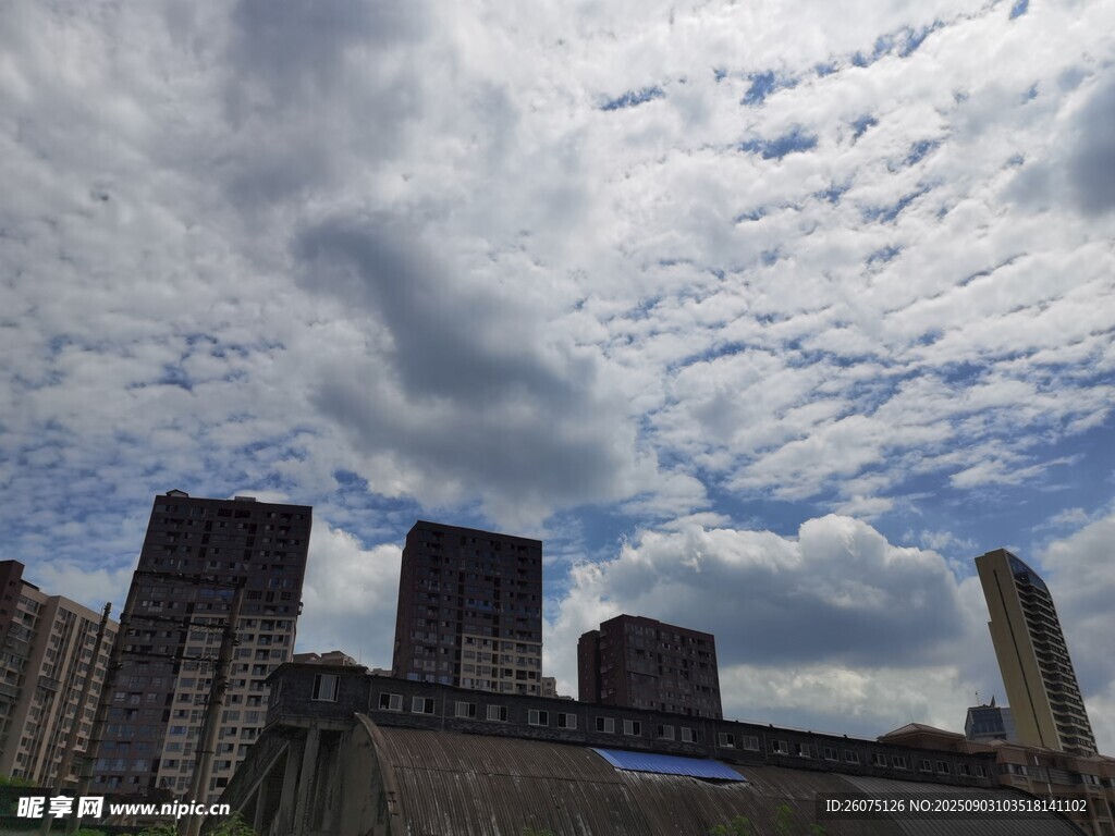 城市天際線與多云天空