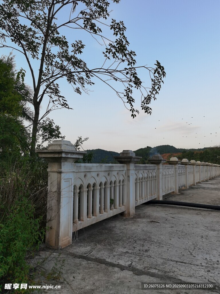 河畔護(hù)欄旁的寧?kù)o景致