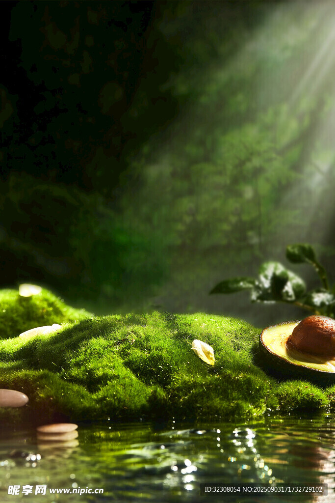 森林水邊的牛油果靜物景象