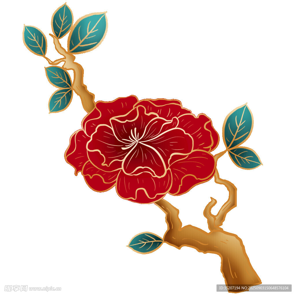 中式紅牡丹枝葉裝飾圖案