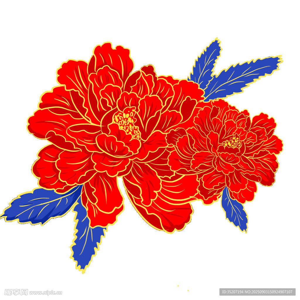 紅色繡花牡丹與藍(lán)葉
