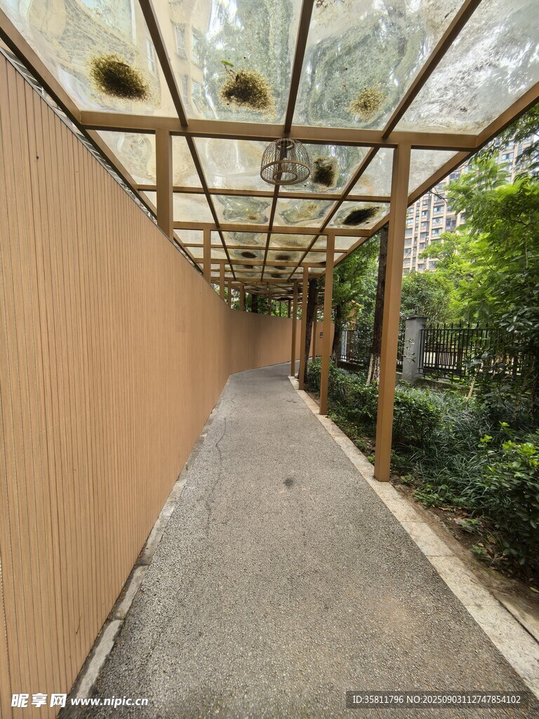 戶外玻璃頂棚下的幽靜小徑