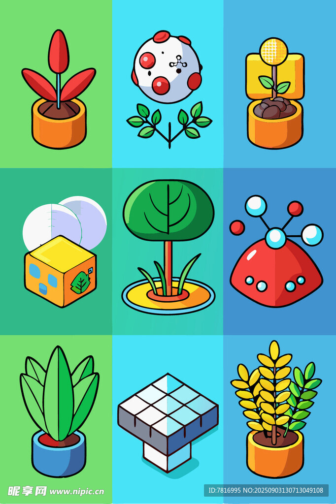卡通風(fēng)格植物與建筑圖案