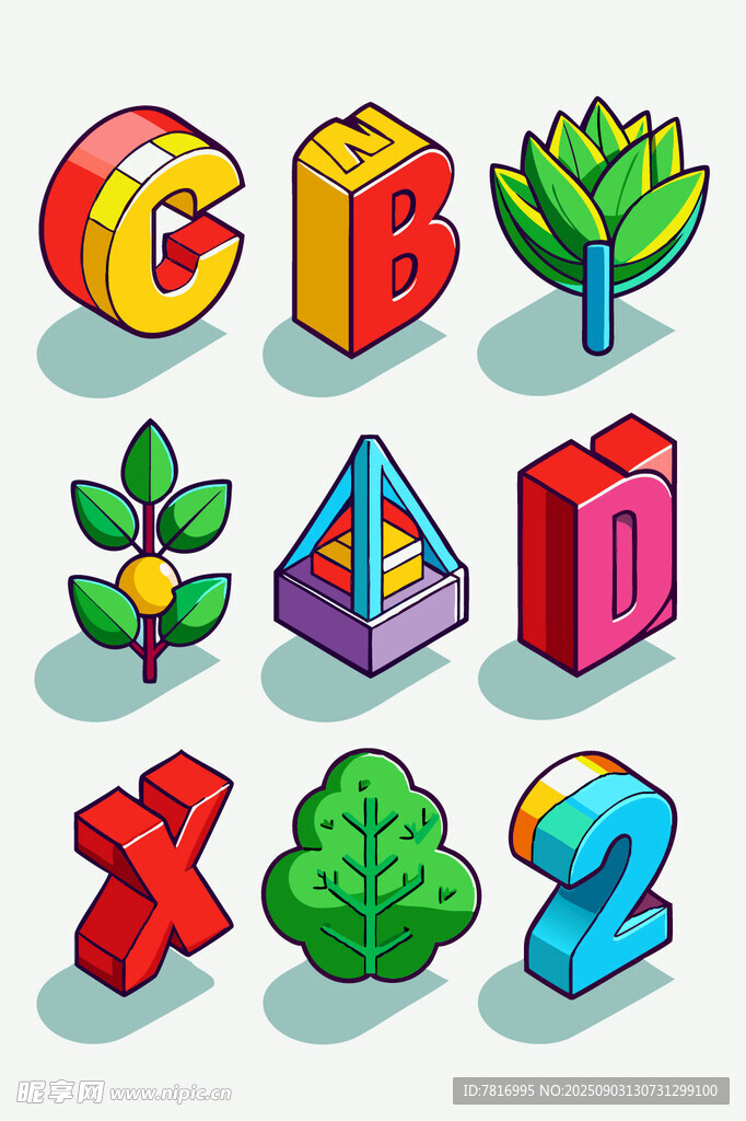 多彩立體字母與植物圖標(biāo)