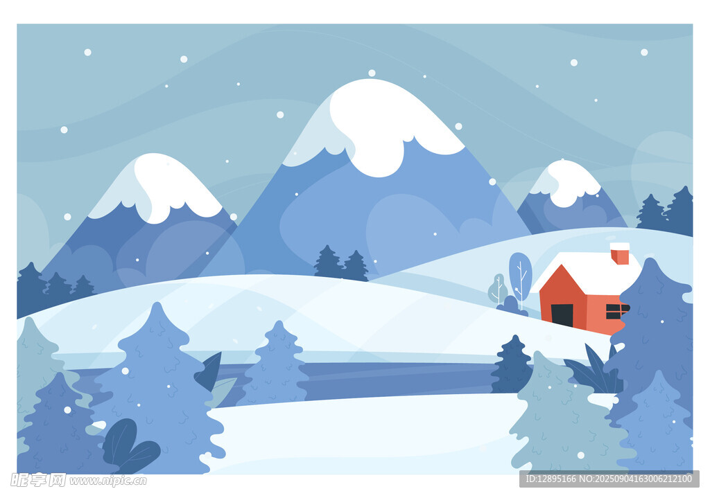 冬日雪山小屋雪景圖