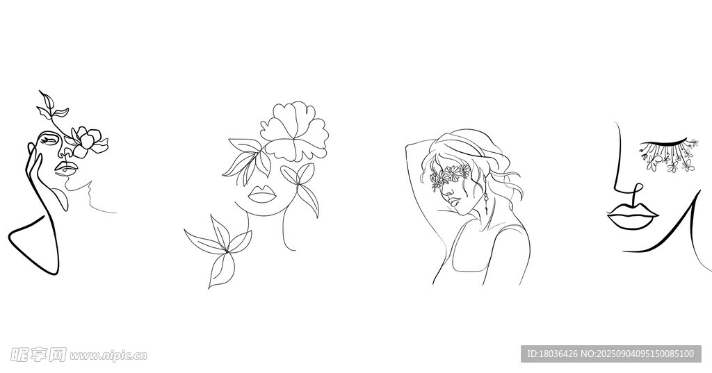 線條花朵女性面孔抽象畫png