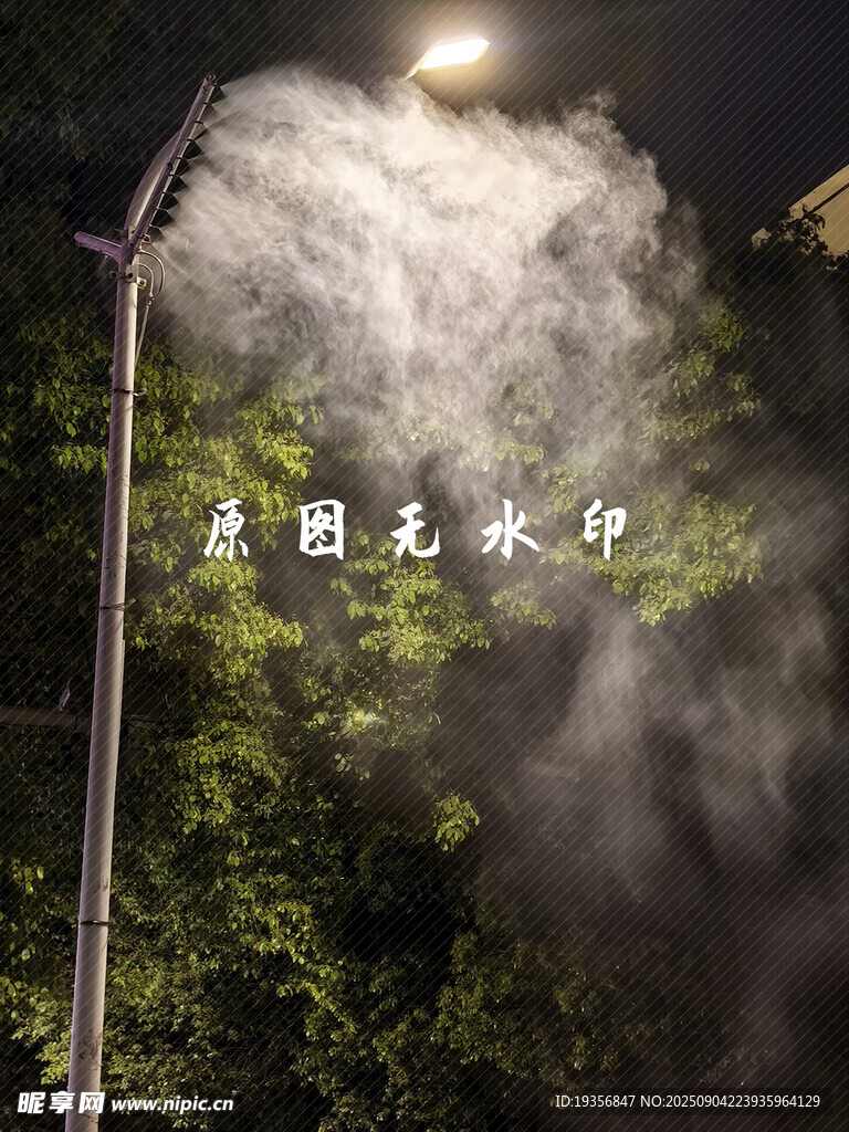 夜晚路燈下的水霧景觀