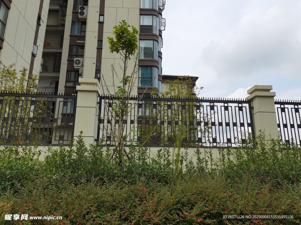 小區(qū)圍欄旁的綠植與建筑