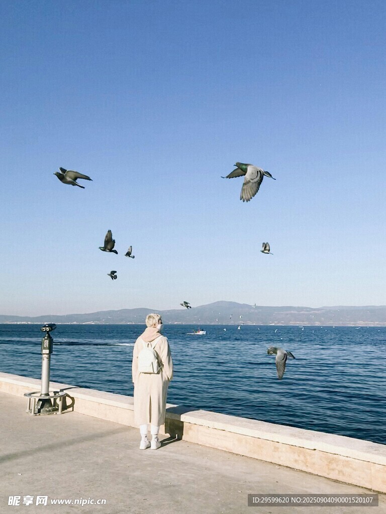 海邊女子與飛翔海鷗