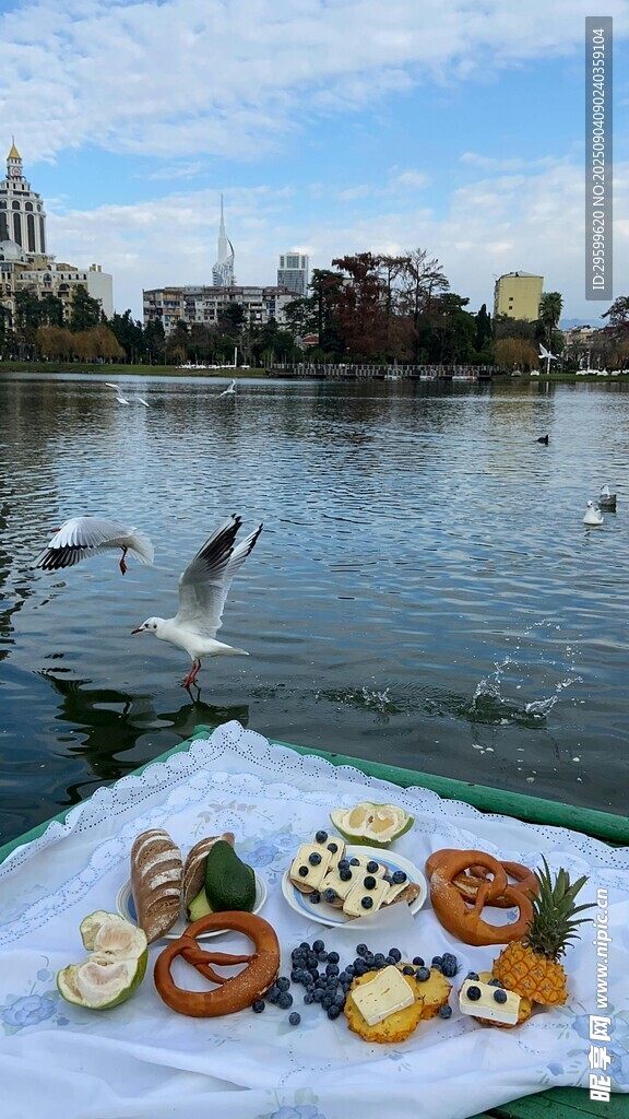 湖畔野餐遇飛翔的鳥兒