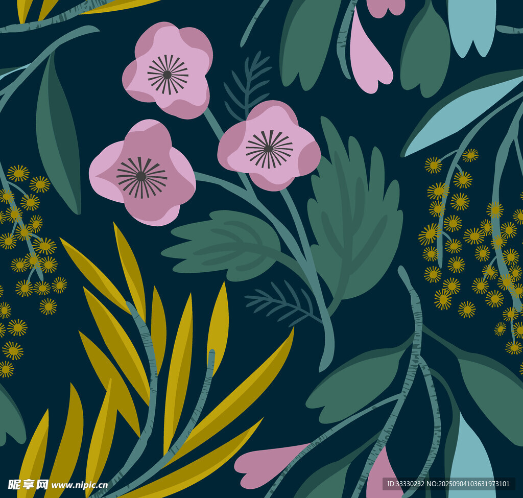 深藍(lán)色底花卉植物圖案