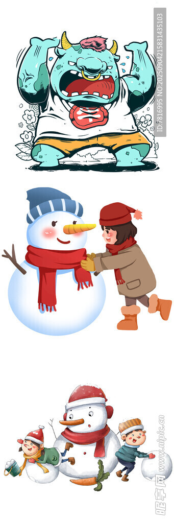 冬日歡樂雪景與卡通人物