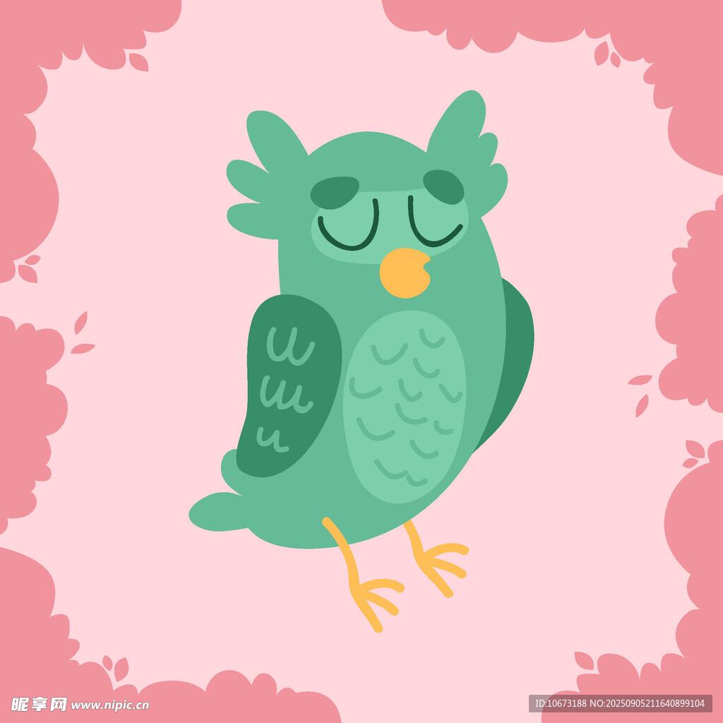 可愛閉眼綠貓頭鷹插畫