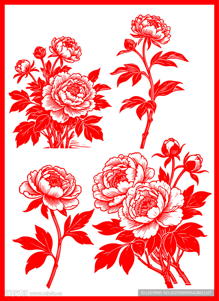 紅色剪紙風(fēng)盛開牡丹花