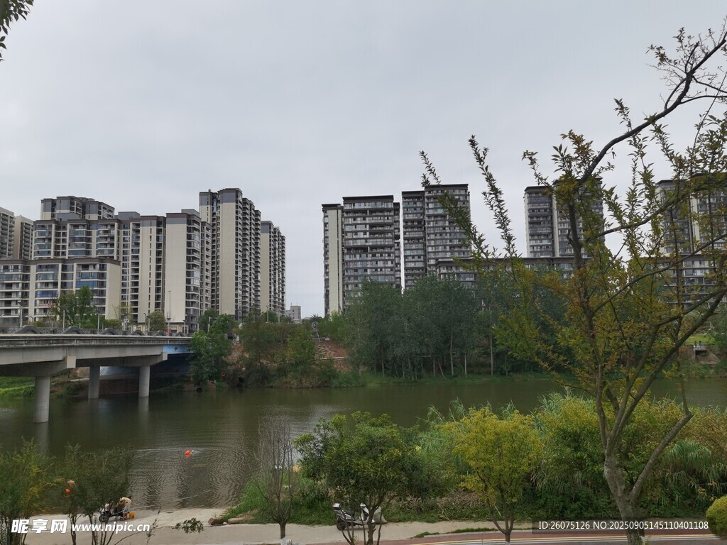 河畔高樓與橋梁風(fēng)景