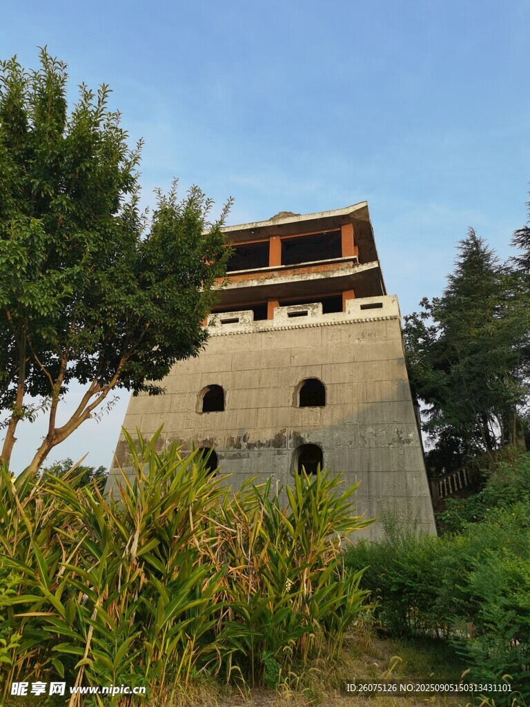 古樸塔樓隱于綠植之間
