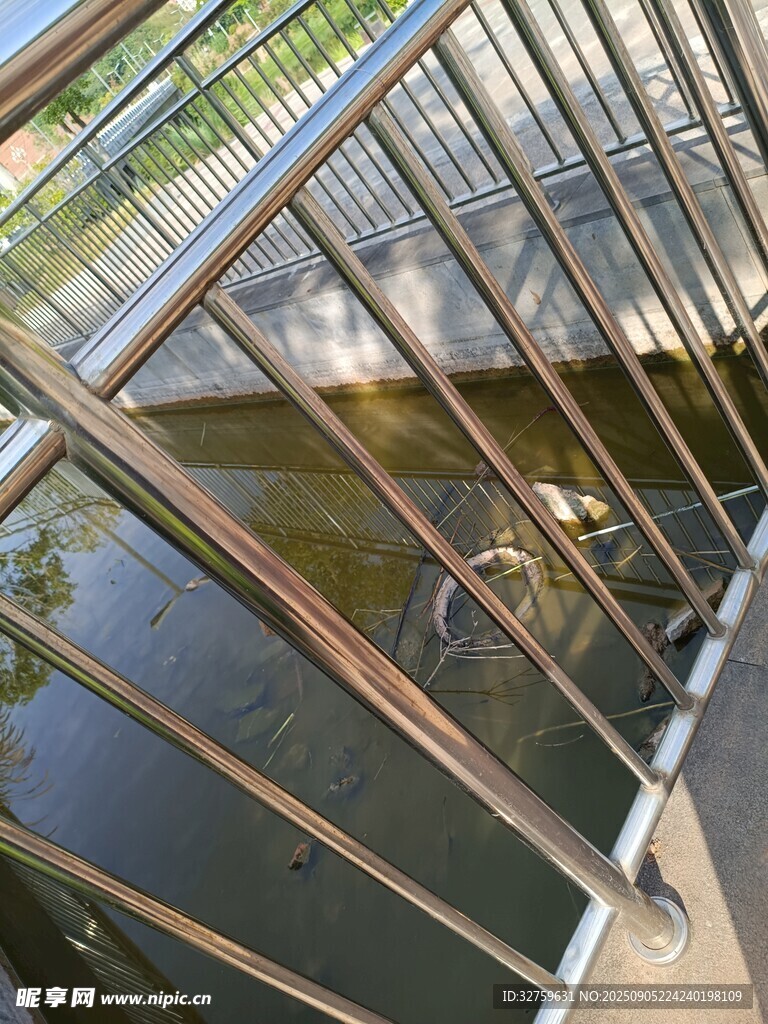 金屬欄桿下的水面景觀