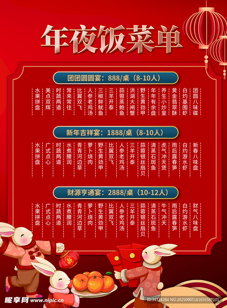 喜慶年夜飯菜單展示