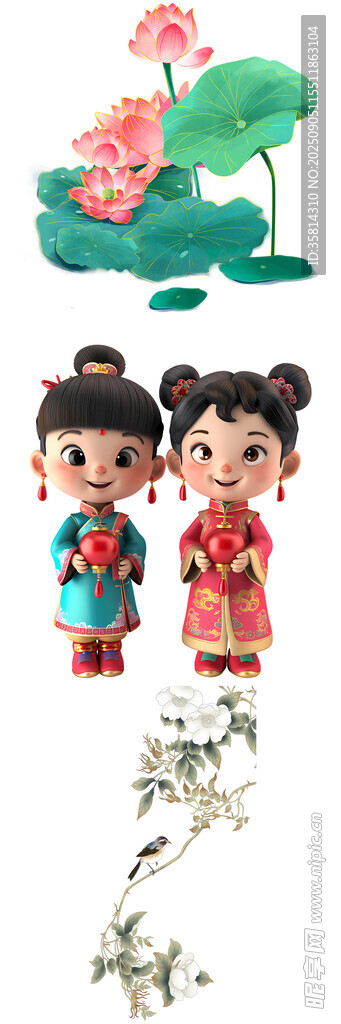 傳統(tǒng)娃娃與荷花裝飾擺件