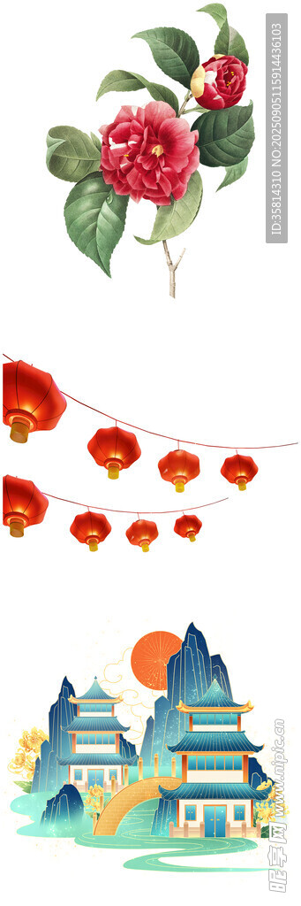 花卉與古建筑風景插畫