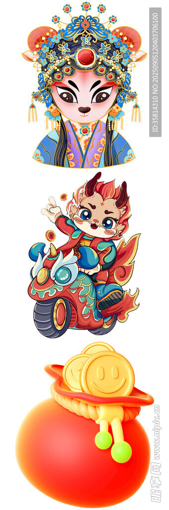 國潮風(fēng)卡通戲曲人物與福袋