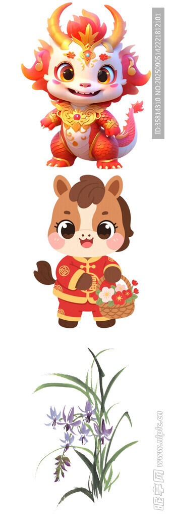 可愛生肖玩偶與花卉組合