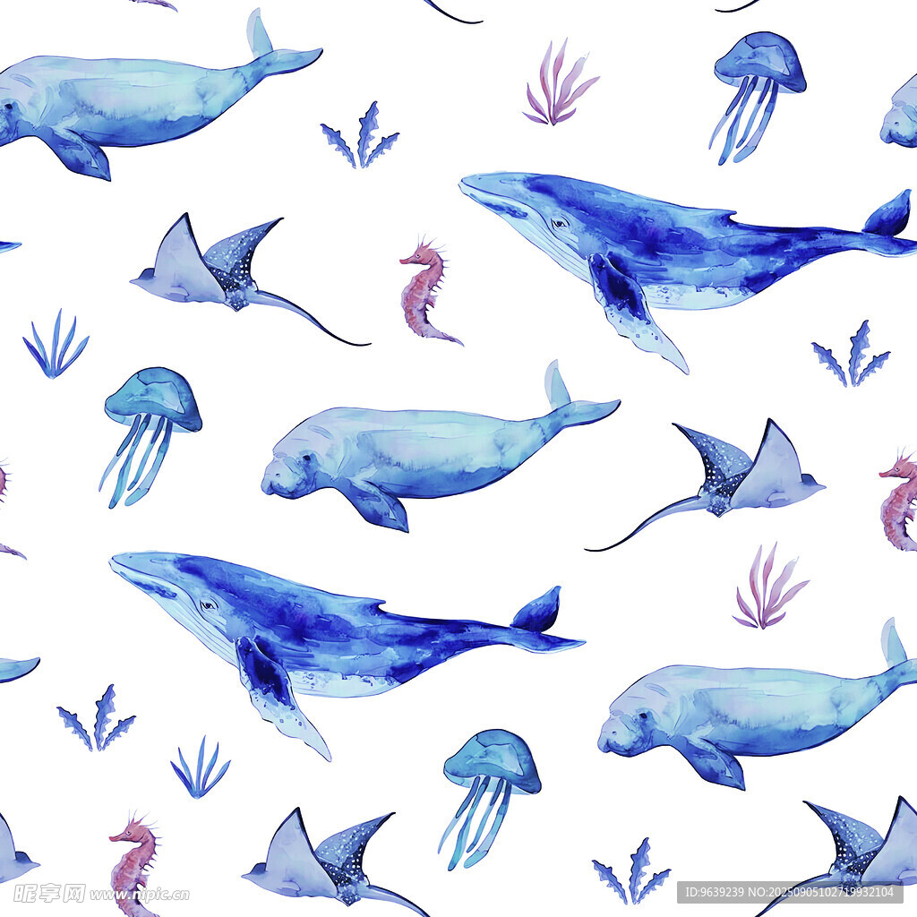 海洋生物水彩無縫圖案