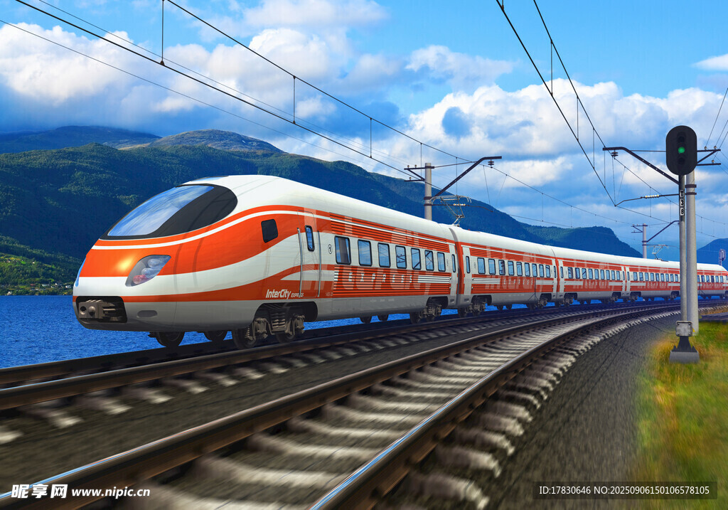 高速列車行駛于山水間