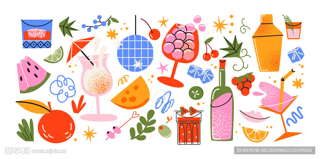 夏日飲品與水果插畫