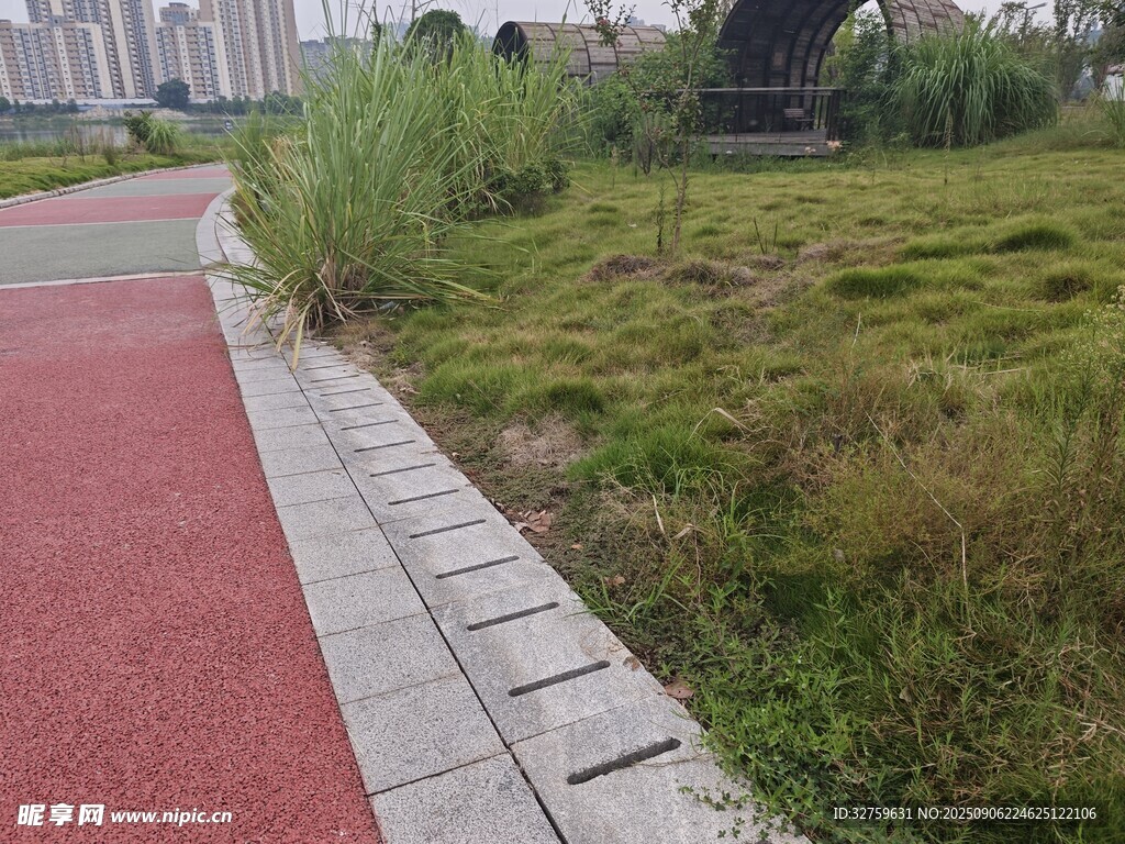 城市中紅綠相間的步道景觀