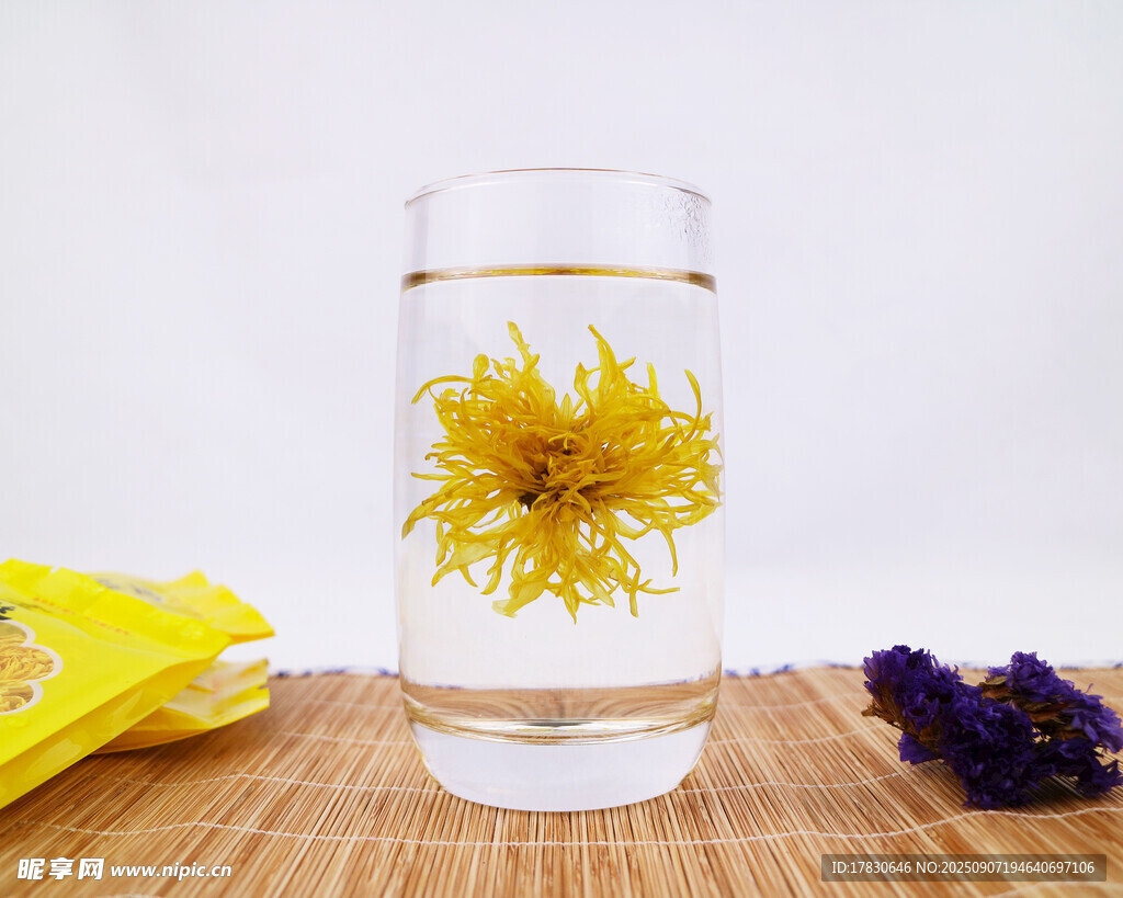透明杯中綻放的金絲皇菊