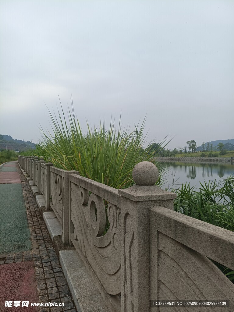 湖邊石欄旁的蔥郁草木