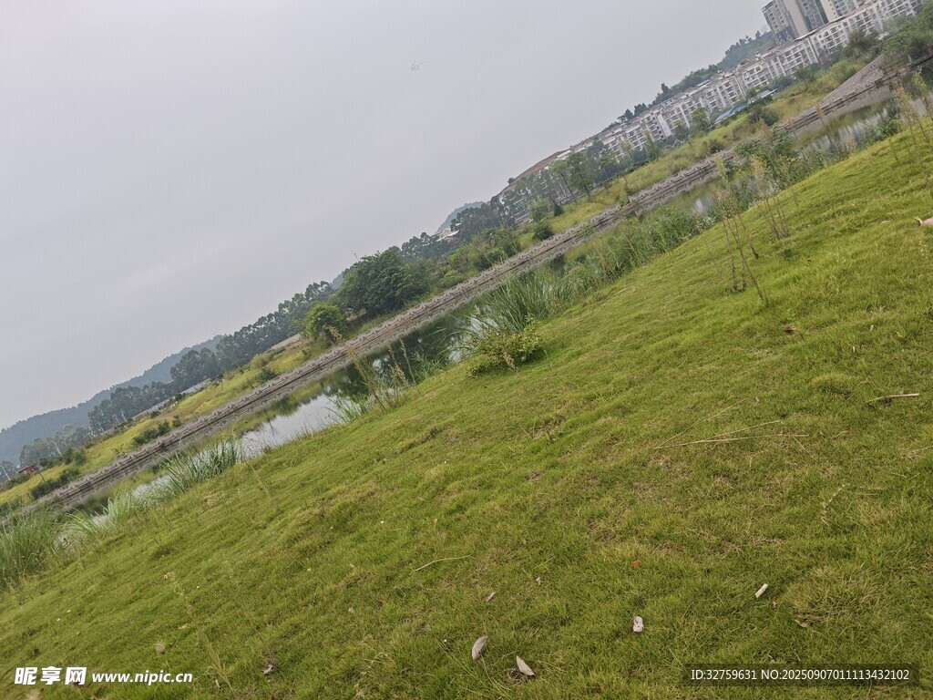 郊外草地與遠處建筑景觀