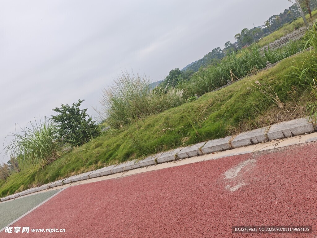 戶外紅色跑道與綠植景觀