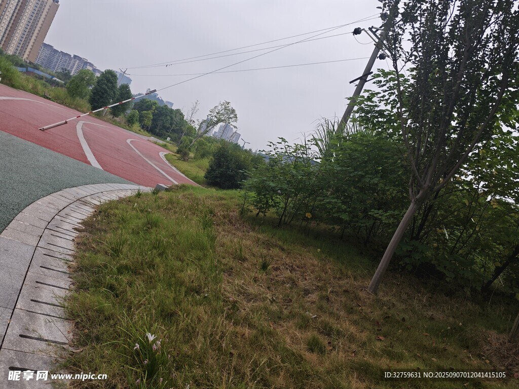 校園旁的草地與跑道景觀