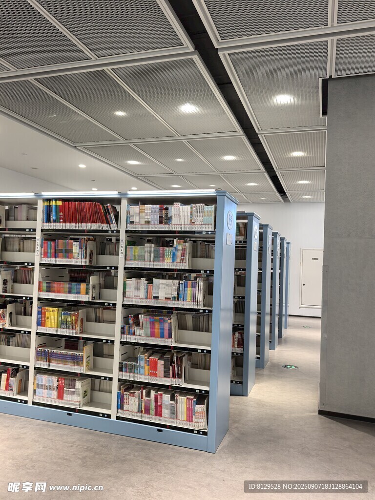 圖書館內(nèi)整齊的書架陳列
