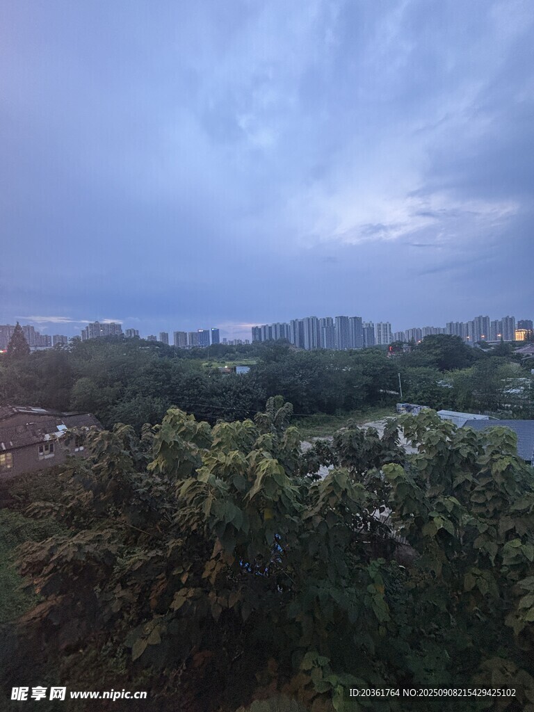黃昏時(shí)分的城市與綠植景觀