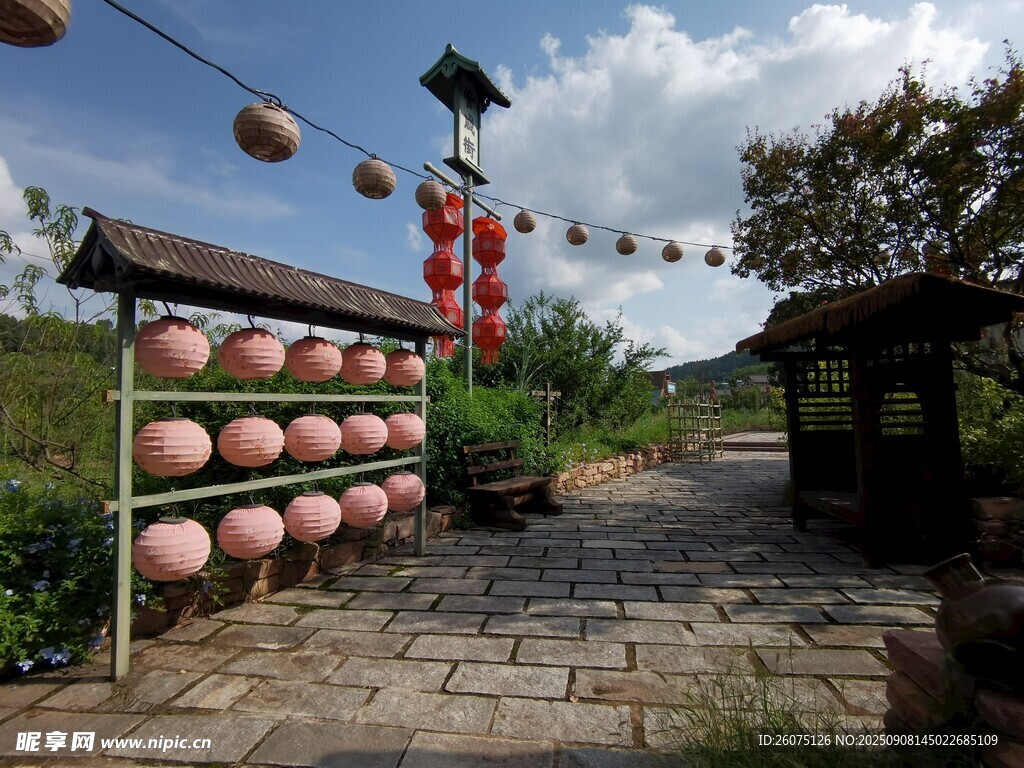 鄉(xiāng)村小徑旁的燈籠裝飾景觀
