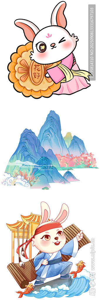 可愛兔子與奇幻山水場景
