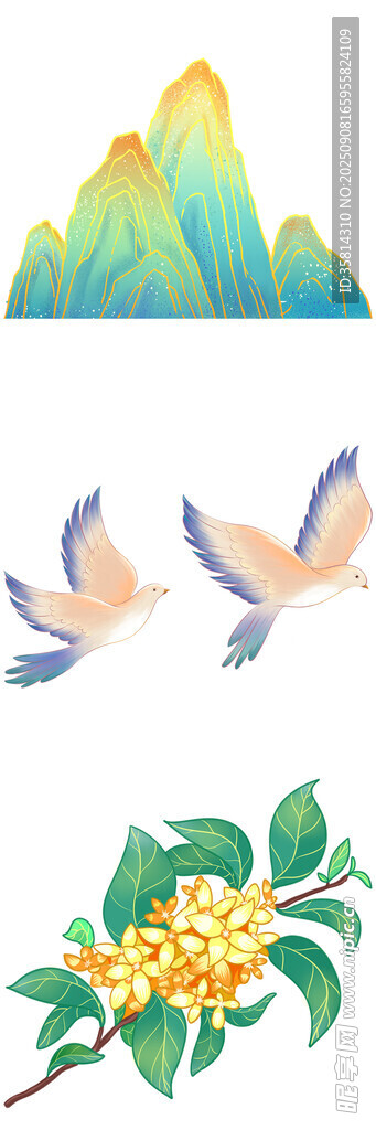 山水飛鳥花卉唯美插畫