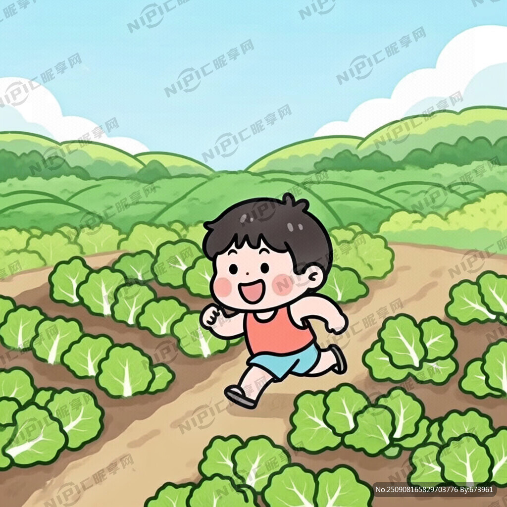卡通 大菜田 小孩奔跑在大田中