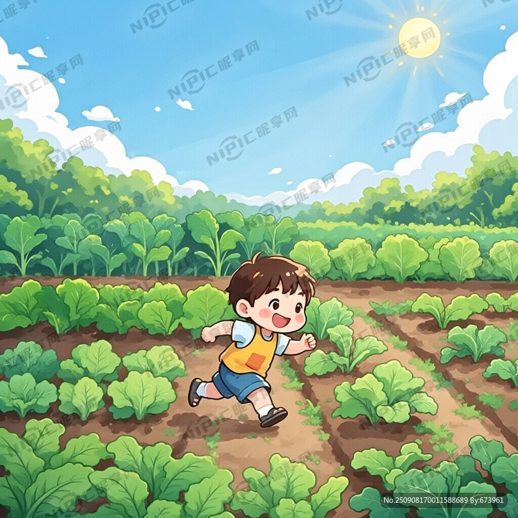 卡通 菜田 小孩奔跑在大田中