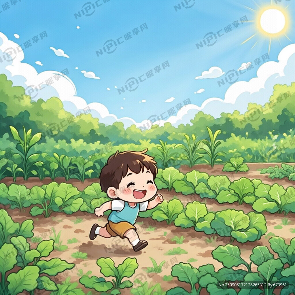 卡通 菜田 小孩奔跑在大田中